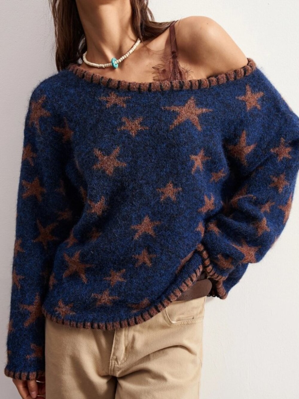 Navy Blue Star Print Whipstitch Trim Asymmetrical Neck Sweater
